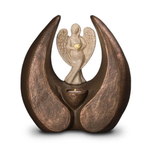 Keramische urn engel - engel urn waxinelichtje - waxinelicht urn brons - bronzen urn engelen - engel met hart - Geert Kunen urn - UGK 080 BT - Dierencrematorium Heerhugowaard